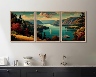 Hudson River Valley Travel Poster, New York State Scenic Print, Palisades Print, Sailboat Art, New York City Decor Set of 3 (#p3-vp1461)