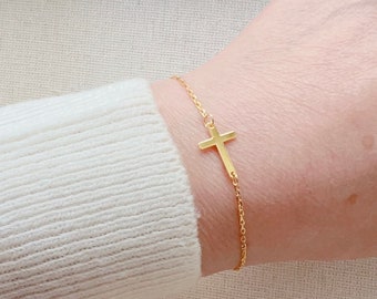 Dainty Cross Bracelet, Tiny Gold Cross Bracelet, Cross Jewelry, Religious Jewelry, Gift For Mom, Gift For Her, Christian Gift, Baptism Gift