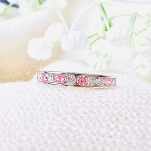 Pink Sapphire Eternity Ring, Anniversary Gift For Wife, October Birthstone Ring, Birthday Gift For Her, Stackable Ring, Pink CZ Wedding Band