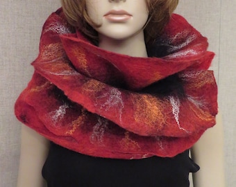 Nuno felted luxurious silk chiffon merino wool scarf wrap shawl red black white wearable art to wear one of a kind unique for fall spring