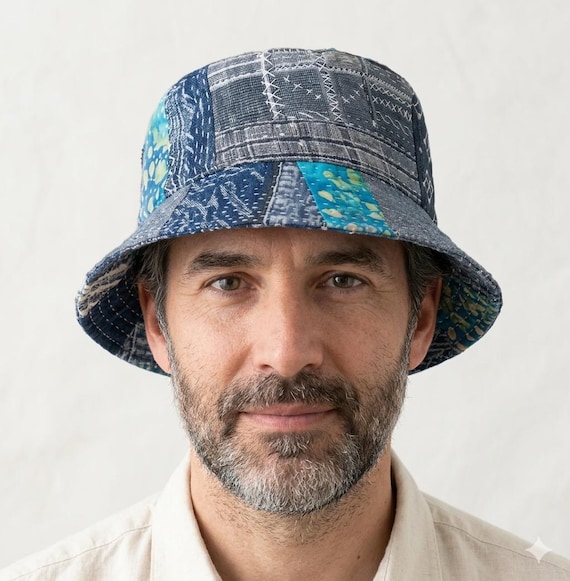 Sashiko Boro Bucket Hat: Japanese Denim Patchwork, Hand