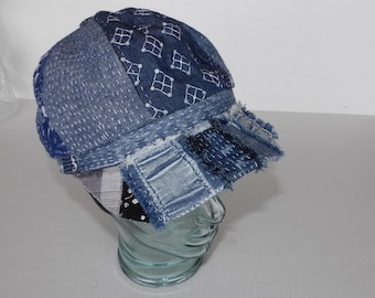 Sashiko Boro Denim Newsboy Cap: Handmade Patchwork Cabbie Hat