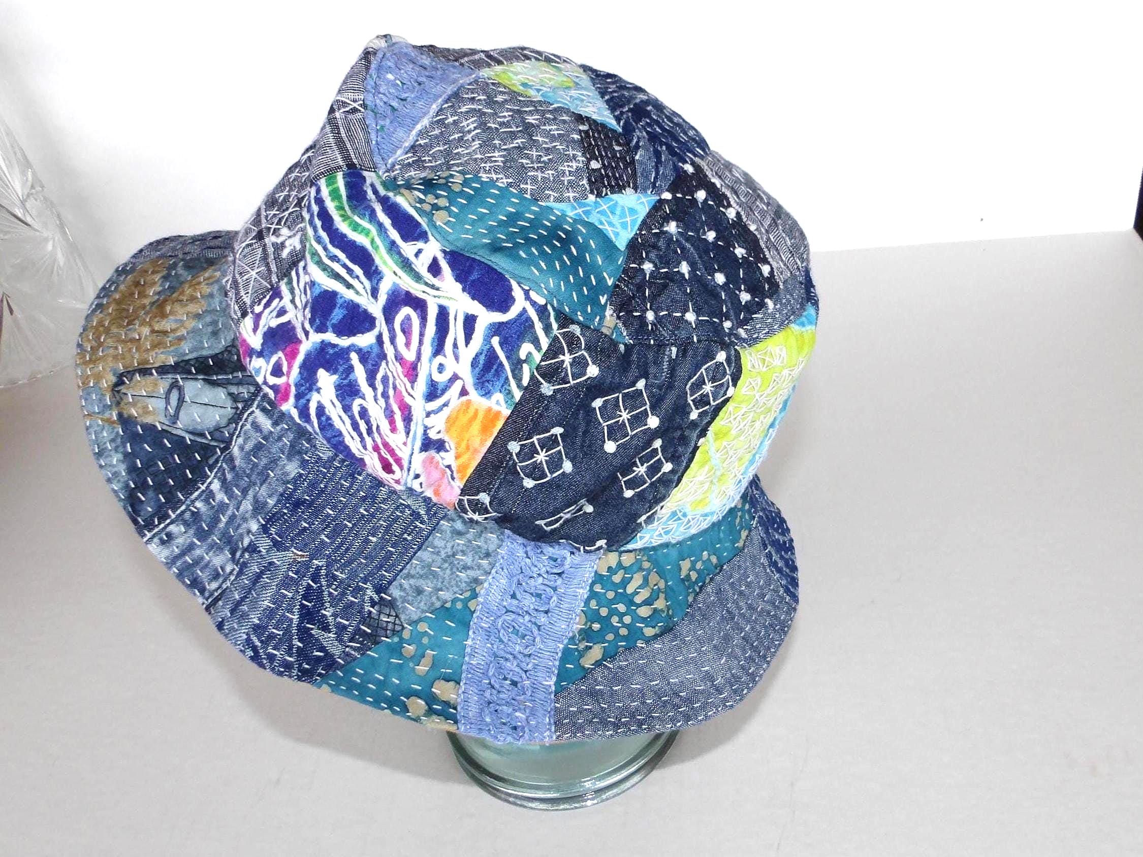 Sashiko Bucket Hat Y2K Indie Patchwork Bucket Hat Boho Festival Artsy Blue Asian Sashiko Boro Bucket Hat: Japanese Denim Patchwork, Hand  main image 2