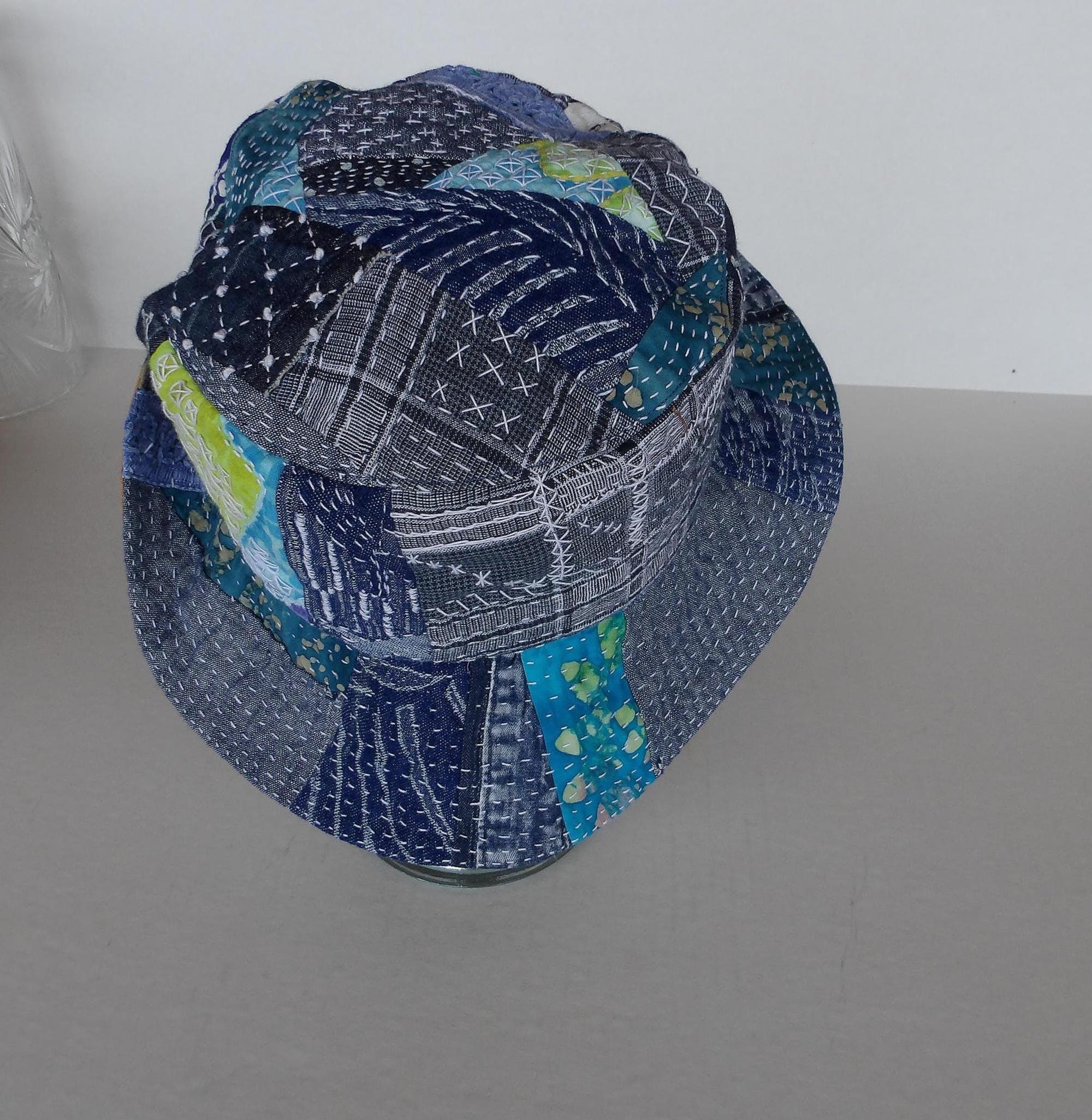 Sashiko Boro Bucket Hat: Japanese Denim Patchwork, Hand 