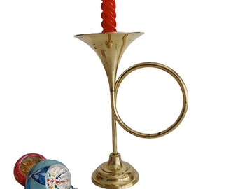Vintage Brass Horn Candlestick Holder/Christmas Decor/Made in Korea/Vintage Christmas