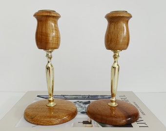 Set of 2 Vintage Myrtlewood Candlesticks Made in Oregon/Wood and Gold Accent/Mid Century