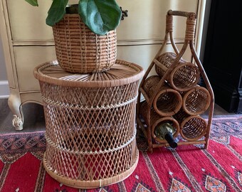Vintage Wicker Woven Plant Stand/Rattan Side Table/1970's/Bohemian Style