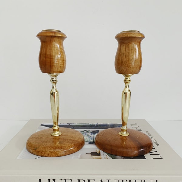 Set of 2 Vintage Myrtlewood Candlesticks Made in Oregon/Wood and Gold Accent/Mid Century