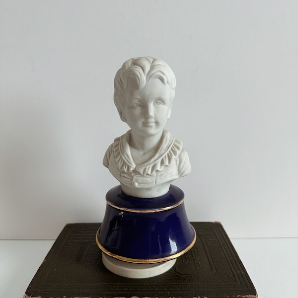 Vintage Victorian Porcelain Boy Bust on Cobalt Blue Musical Base/Boy Bust Sculpture/Neo-Classical