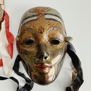 Vintage Solid Enameled Brass Theatrical Mask Made in India/Masquerade/Opera Mask/Wall Hanging