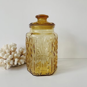 Vintage L.E. Smith Large Glass Canister/Atterbury Scroll Honey Gold/Cookie Jar/Apothecary Jar/Retro Kitchen
