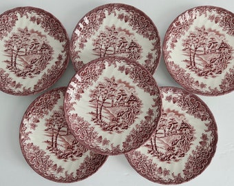 Set of 6 Vintage Churchill "The Brook" Pink Transferware Saucers/Small Plates/Staffordshire England