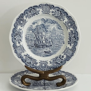 Set of 2 Vintage &quot;Historical Ports of England&quot; Blue Transferware Ironstone Dinner Plates/Cottagecore/English Country/Farmhouse