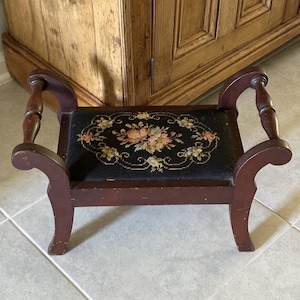 Vintage French Inspired Wood and Needlepoint Stool/Ottoman/Farmhouse/Cottagecore/Modern Cottage