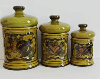 Set of 3 Vintage Los Angeles Potteries Ceramic Kitchen Canisters/Avocado Green/Mid Century/Retro Kitchen
