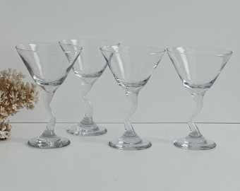Set of 4 Vintage Zigzag Clear Glass Martini Glasses/Libbey Z Stem Glasses/Retro Barware