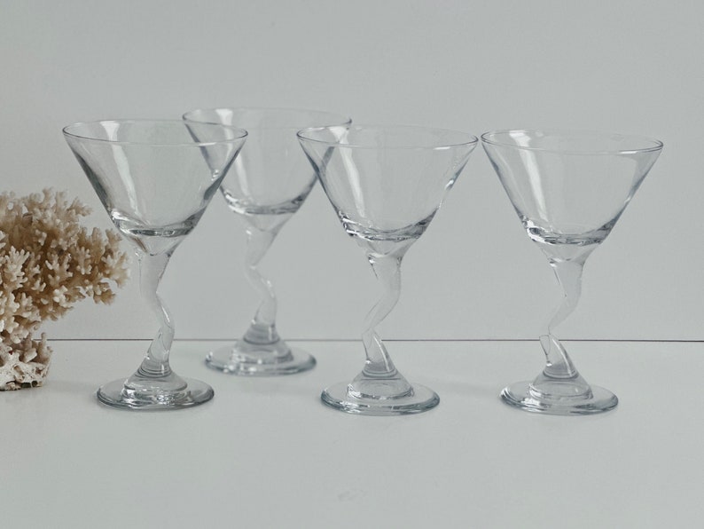 Set of 4 Vintage Zigzag Clear Glass Martini Glasses/Libbey Z Stem Glasses/Retro Barware image 1