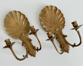 Set of 2 Italian Solid Brass Shell Candle Sconces/Hollywood Regency Style/Coastal/Nautical Decor