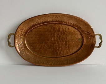 Vintage Old Dutch Int'l Hammered Copper Oval Tray/Brass Handles/Made in India/Cottagecore/Farmhouse