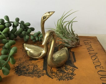 Set of 2 Vintage Mini Brass Swans Figurines/Brass Ring Holder