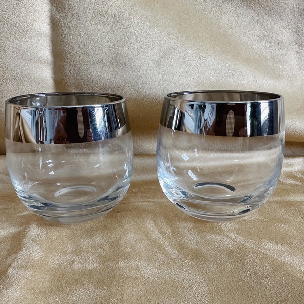 Set of 2 Vintage Large Silver Rimmed Dorothy Thorpe Style Roly Poly Cocktail Glasses/Mid Century Barware/Retro Barware