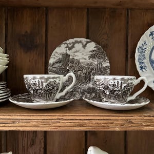 Set of 2 Vintage Myott &quot;Royal Mail&quot; Brown Transferware Ironstone Teacups and Saucers/Staffordshire England