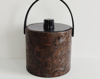 Vintage Irvinware Faux Embossed Leather Ice Bucket/Brown & Black/1970's Retro Barware