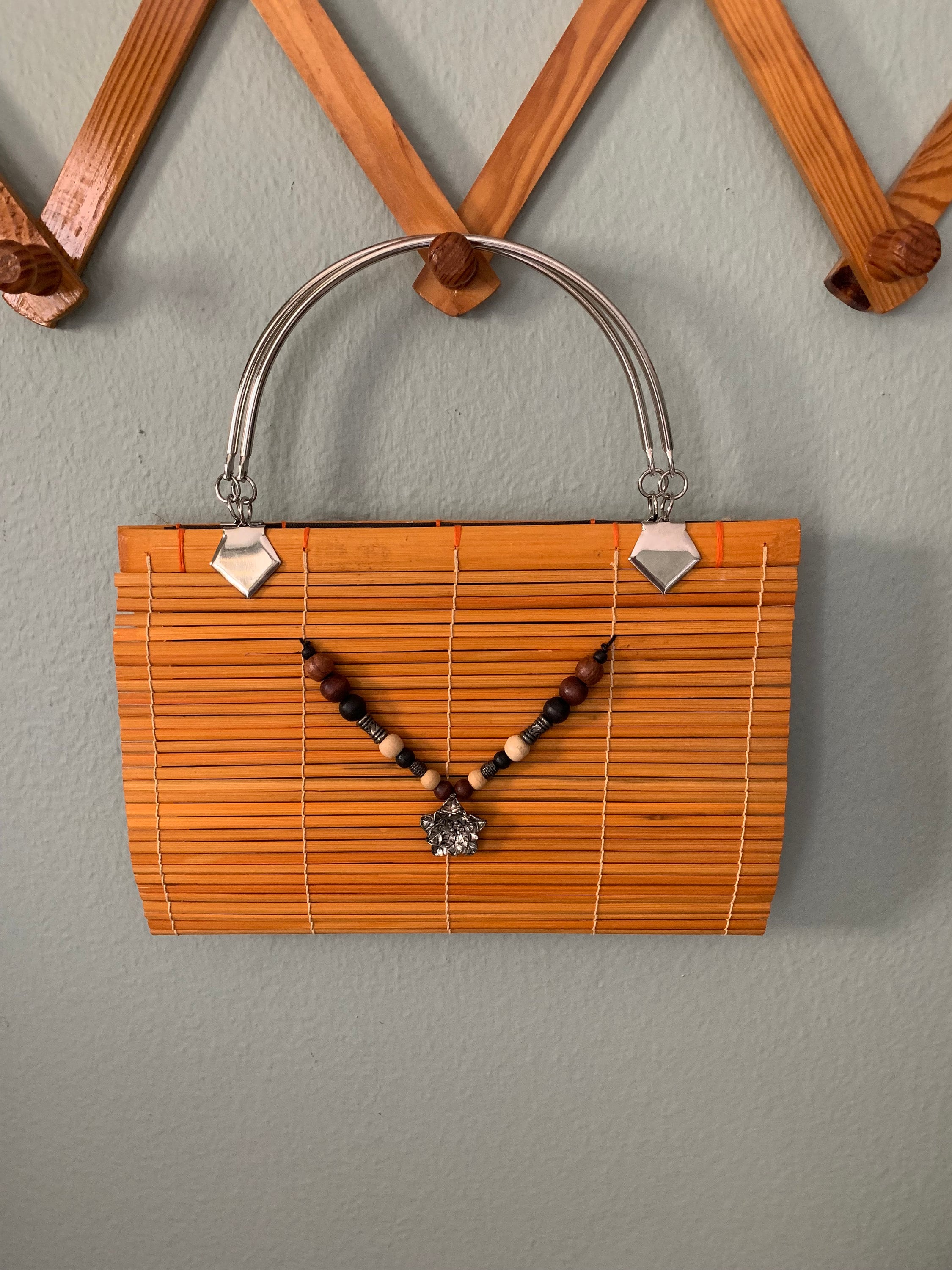 Vintage Wood/bamboo Slat Purse/top Handle Bag/bohemian Style Etsy