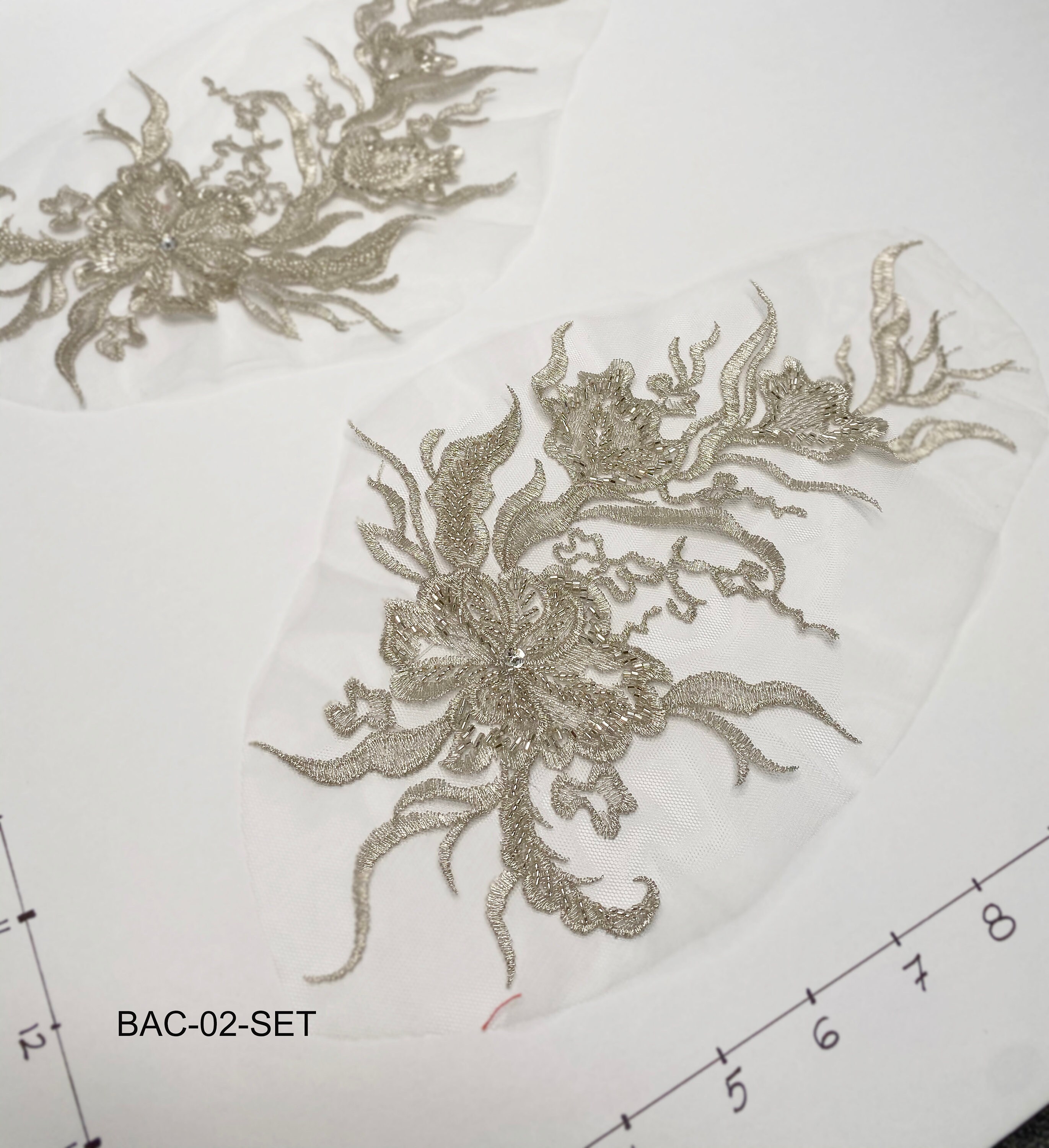 Beaded silver metallic applique motif embroidery laced Etsy