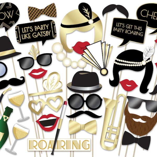 Gatsby Photo Booth props. Printable Great Gatsby photo props. Flapper, Jazz Theme Party decorations, Roaring 20s party Photo booth props