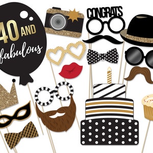 40th Birthday Photo Booth Props: Black and Gold Party Decorations (PDF)