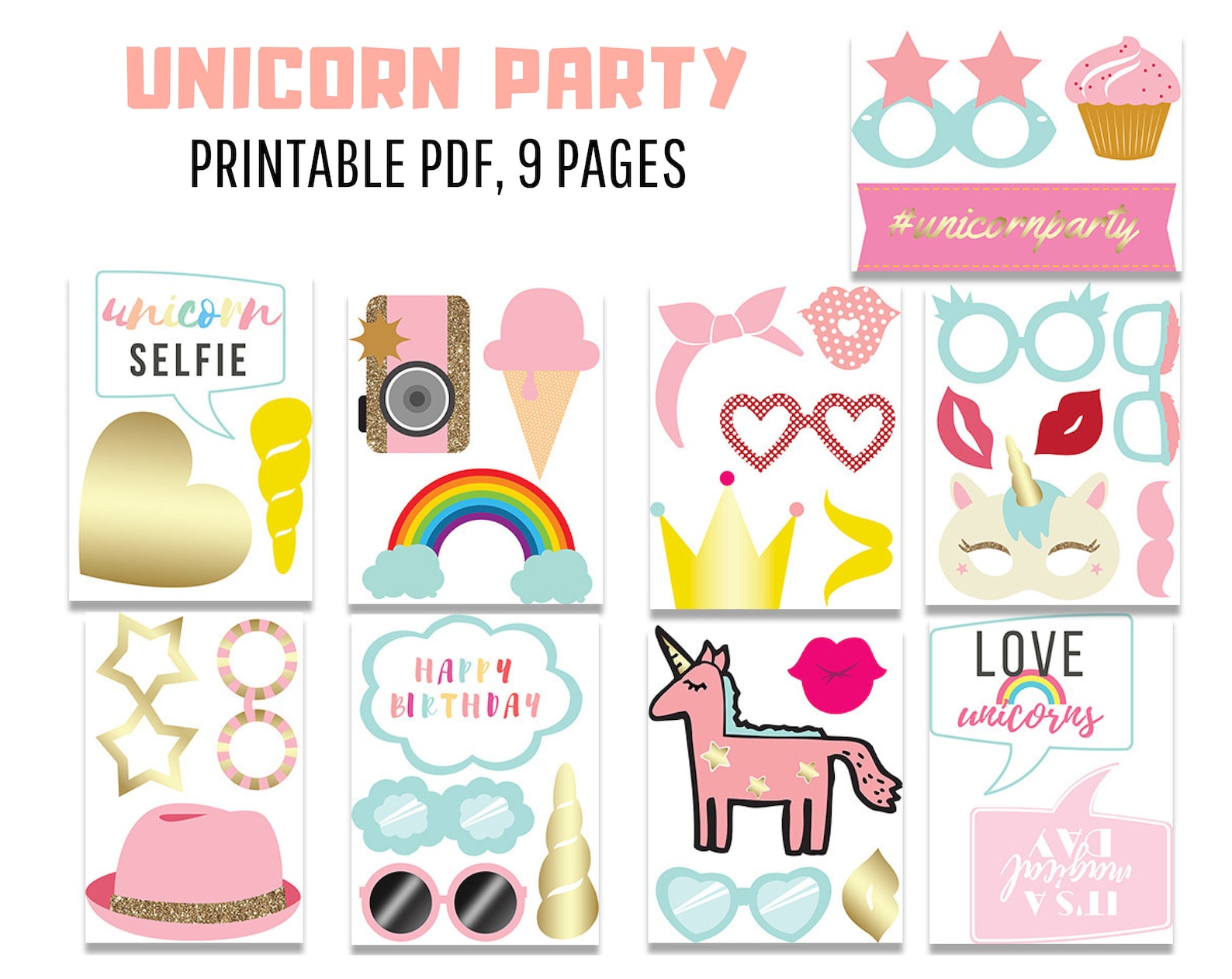Unicorn Photo Booth Props. Printable Unicorn Party Props, Magical Unicorn Photobooth. Rainbow ...