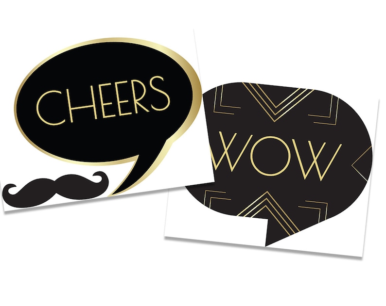 May include: Two black and gold photo booth props with speech bubbles. One says "CHEERS" and the other says "WOW". A black mustache is included.