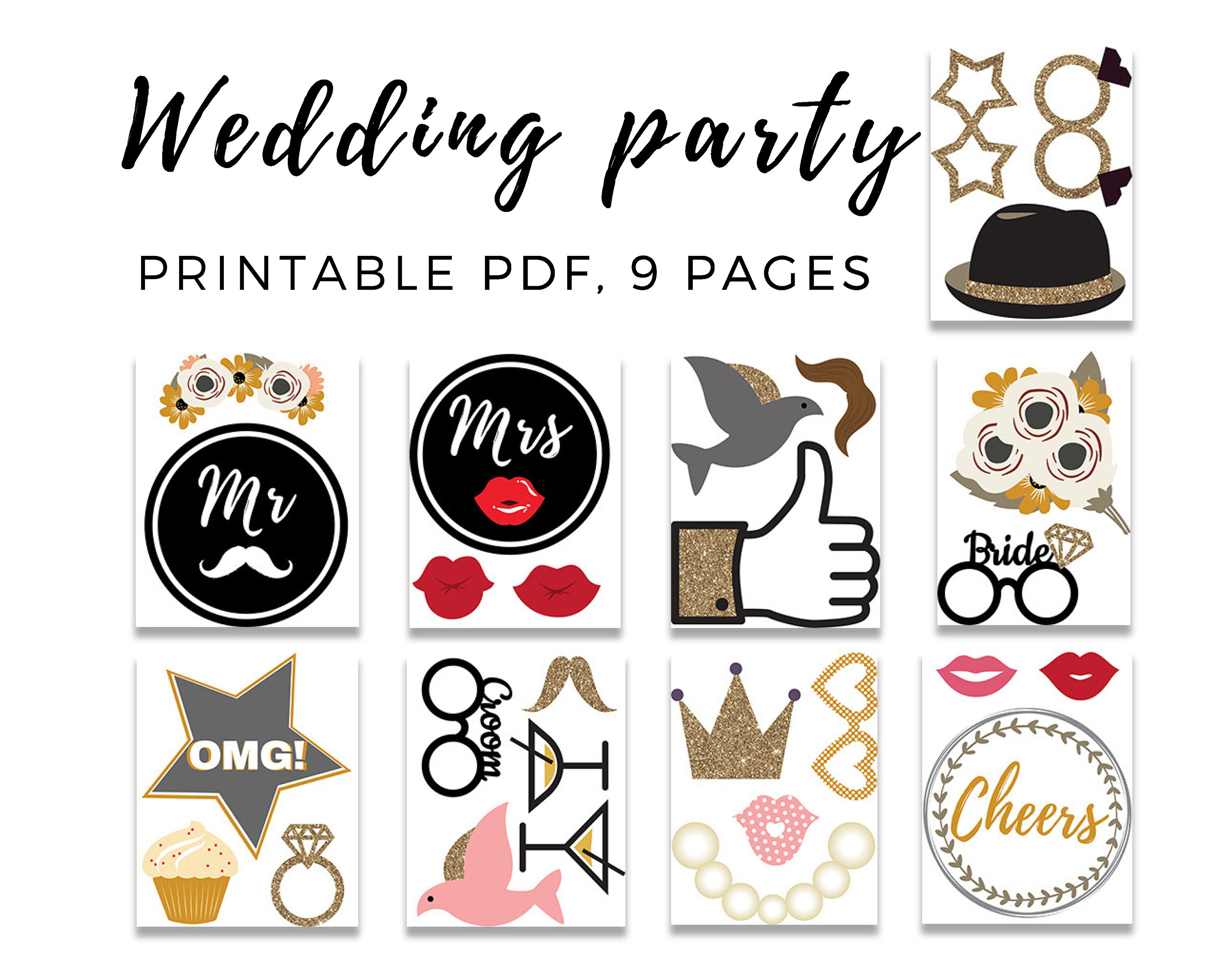 Wedding Photo Booth Props Printable Glitter Wedding Party Photo Booth ...