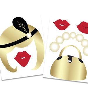 May include: Two printable photo booth props featuring a flapper girl with a gold headband and red lips, and a gold purse with pearls.
