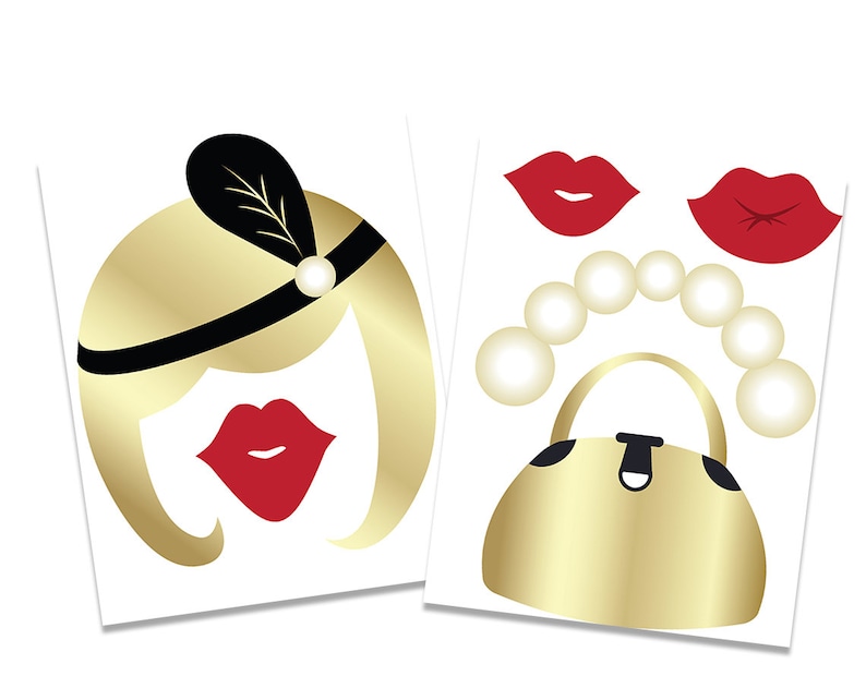 May include: Two printable photo booth props featuring a flapper girl with a gold headband and red lips, and a gold purse with pearls.