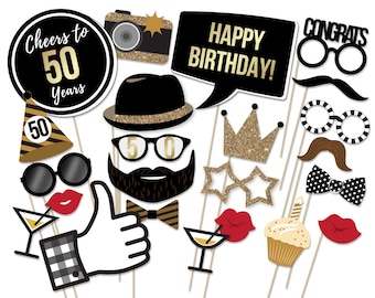 Accesorios para fotomatón de 50 cumpleaños: purpurina negra y dorada (PDF)