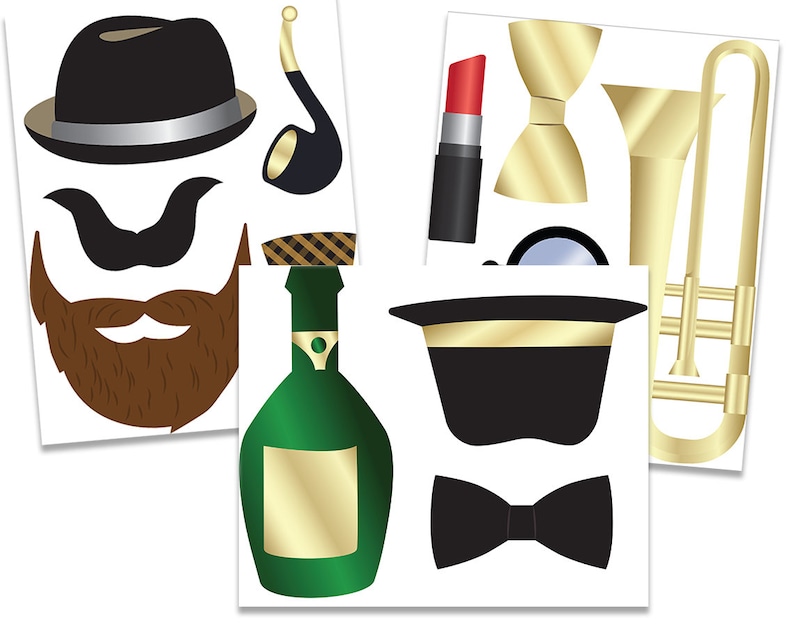 May include: A set of 10 printable photo booth props featuring a variety of fun and festive designs, including a hat, mustache, beard, pipe, lipstick, champagne bottle, bow tie, top hat, glasses, and a trombone. The props are perfect for adding a touch of whimsy to any party or event.
