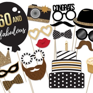 60th Birthday Photo Booth Props: Black & Gold Party Decorations (Printable PDF)
