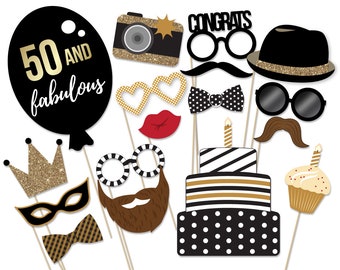 Accesorios para fotomatón de 50.º cumpleaños: purpurina negra y dorada (PDF imprimible)