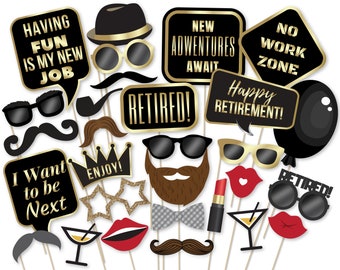 Accesorios para fotomatón de fiesta de jubilación: decoraciones doradas (Descargar PDF)