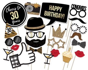 Accesorios para fotomatón de 30.º cumpleaños: purpurina negra y dorada (PDF imprimible)