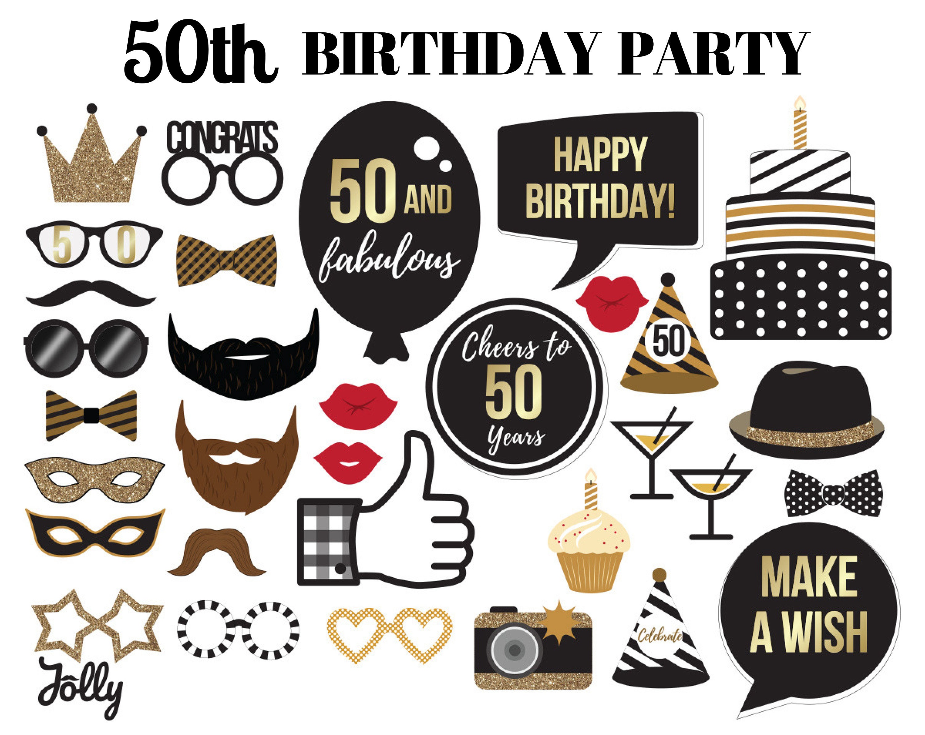 50th Birthday Party Photo Booth, Black and Gold Glitter Printable Props ...