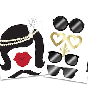 May include: Two printable photo booth props featuring a black and white silhouette of a woman with a pearl headband and red lips, and a set of black sunglasses, gold heart-shaped sunglasses, and a gold art deco design.