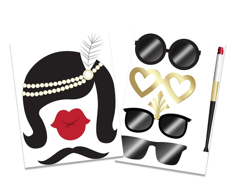 May include: Two printable photo booth props featuring a black and white silhouette of a woman with a pearl headband and red lips, and a set of black sunglasses, gold heart-shaped sunglasses, and a gold art deco design.