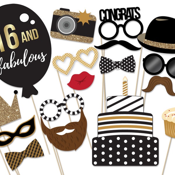 Sweet Sixteenth Birthday Photo Booth Props Printable PDF. 16th Photo Booth Props 16 party Printables Mustache Lips Photo Booth props