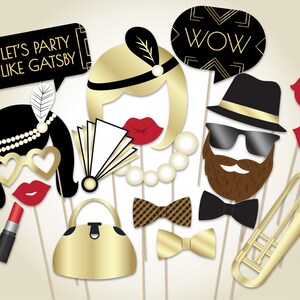 May include: A set of 10 black and gold photo booth props with a 1920s theme. The props include a trumpet, a bow tie, a purse, a lipstick, a pair of sunglasses, a beard, a hat, a flapper headband, a flapper headband with a feather, and two speech bubbles that say "Let's Party Like Gatsby" and "Wow".