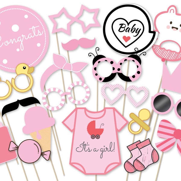 Baby Shower Photo Booth Props Printable Party Props It's a Girl Photo Booth Props New Baby Girl Party Supplies Baby Girl Shower Decorations