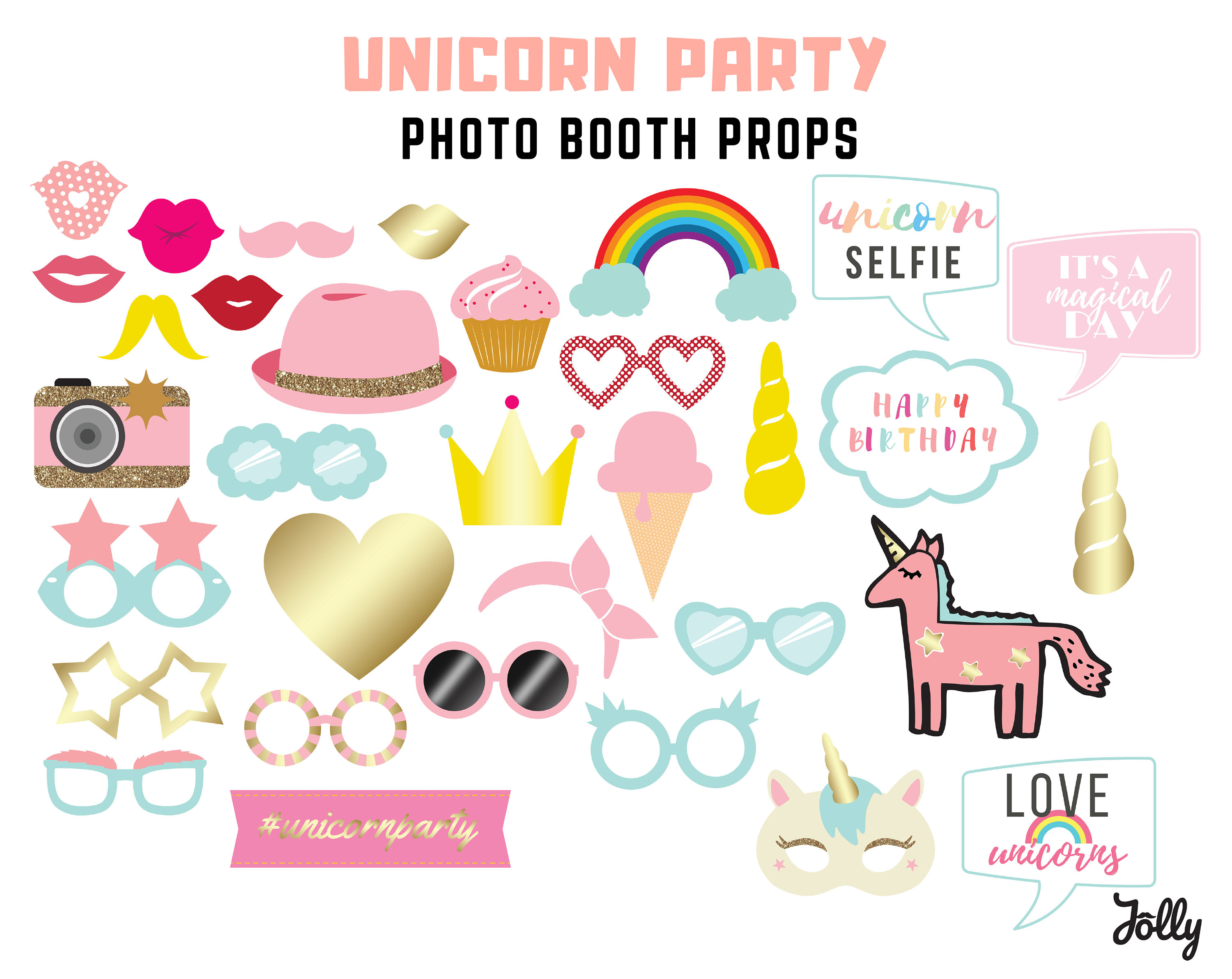 Unicorn Photo Booth Props. Printable Unicorn Party Props, Magical Unicorn Photobooth. Rainbow ...