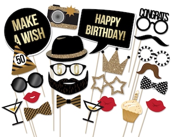 Accesorios para fotomatón de 50.º cumpleaños: purpurina negra y dorada (PDF)